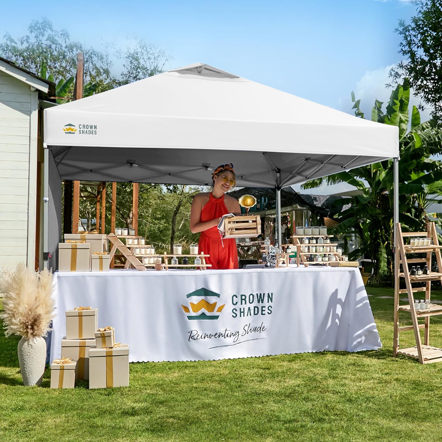 CROWN SHADES 10x10 Pop Up Canopy with 1 Side Wall - Beach Tent with One Push Setup - Outdoor Sun Shade for Events, Parties, Camping - Gazebo with STO-N-Go Cover Bag (White) - Image 2