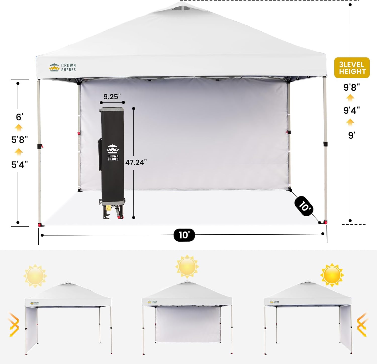 CROWN SHADES 10x10 Pop Up Canopy with 1 Side Wall - Beach Tent with One Push Setup - Outdoor Sun Shade for Events, Parties, Camping - Gazebo with STO-N-Go Cover Bag (White) - Image 7