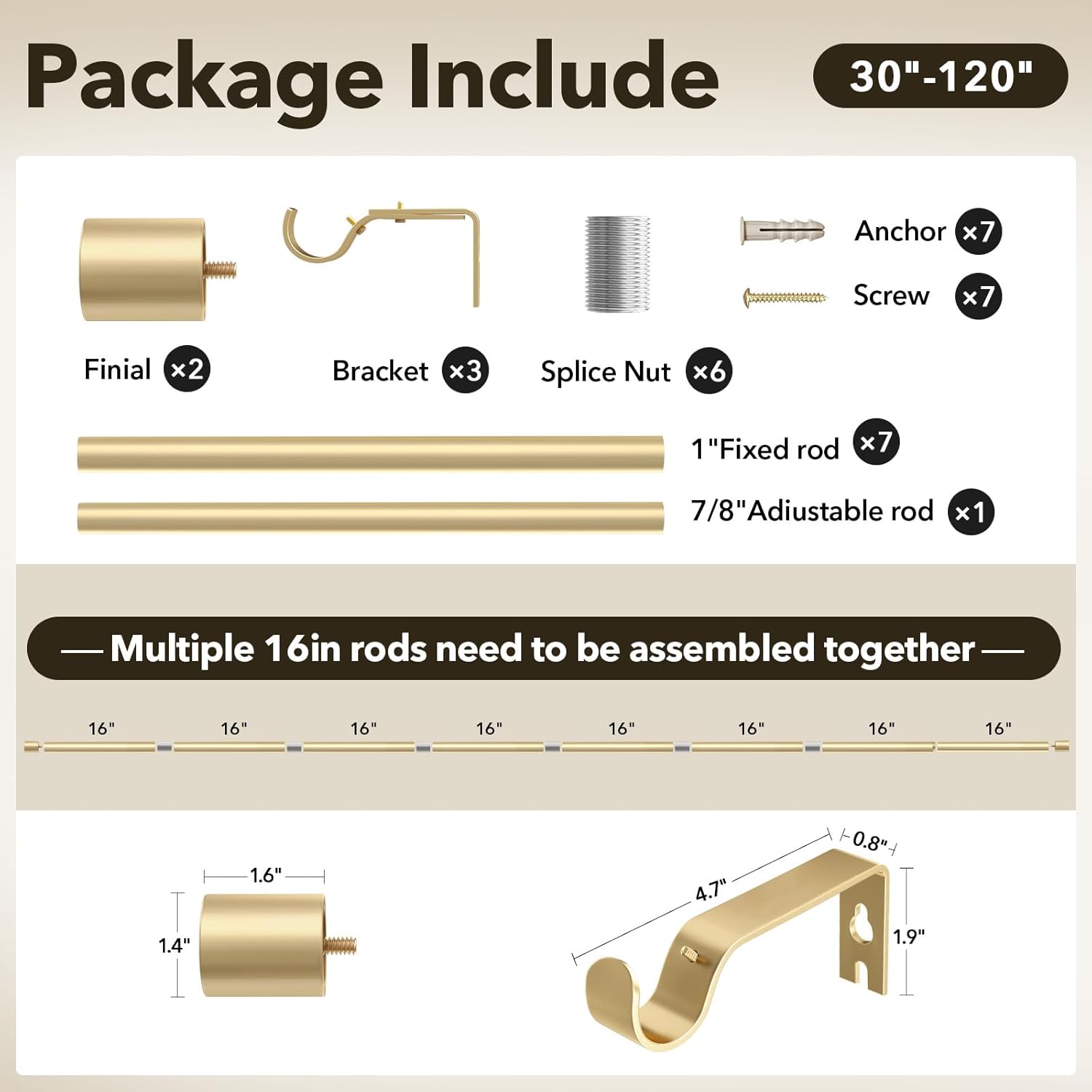 IFELS Heavy Duty Curtain Rods for Windows 66 to 120 Inch, 1 Inch Gold Curtain Rod Adjustable, Decorative Long Curtains Rods with Metal Finials, Easy Installation and Modern Design (A2,Gold,30"-120") - Image 5
