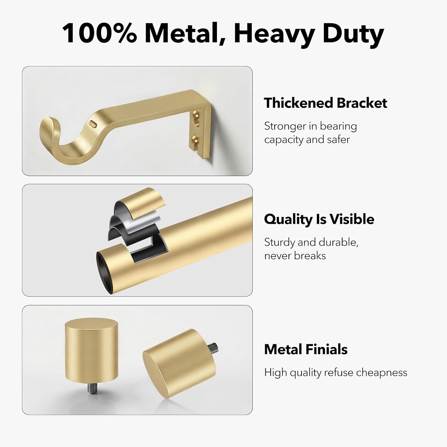 IFELS Heavy Duty Curtain Rods for Windows 66 to 120 Inch, 1 Inch Gold Curtain Rod Adjustable, Decorative Long Curtains Rods with Metal Finials, Easy Installation and Modern Design (A2,Gold,30"-120") - Image 6